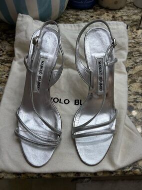 Manolo Blahnik Metallic Silver Strappy Slingbacks